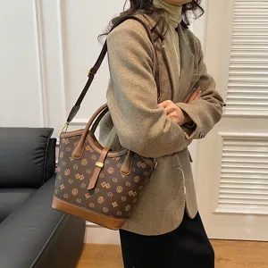 Women retro brown monogram bucket bag, large capacity stylish shoulder crossbody bag
