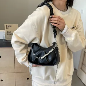 Black pleated shoulder bag with pearl chain strap, stylish trendy crossbody bag for women