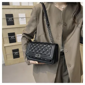 Detailed shot of chic black quilted chain crossbody bag, elegant style for daily wear.