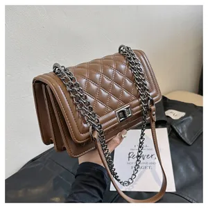 Chic quilted chain shoulder bag for women, stylish brown PU leather crossbody daily purse.
