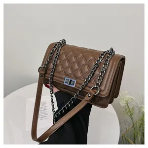 Chic brown quilted leather chain crossbody bag, elegant vintage shoulder handbag for women