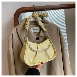 Sac porté épaule uni plissé minimaliste français avec décoration de chaîne de perles chic
