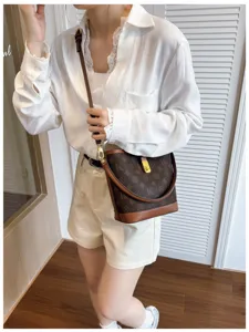 Vintage Monogram Bucket Bag Women Fashion Luxury PU Leather Crossbody Shoulder Handbag