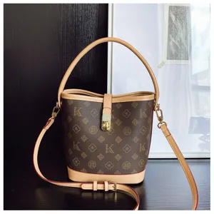 Vintage Monogram Bucket Bag Women PU Leather Crossbody Shoulder Handbag with Top Handle