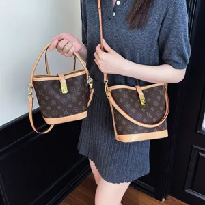 Women Vintage PU Leather Bucket Bag Letter Print Crossbody Shoulder Handbag With Metal Lock