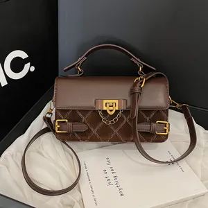Retro Quilted PU Leather Top Handle Crossbody Bag For Women Chic Chain Lock Satchel Handbag Daily Shoulder Bag