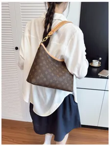 Women brown monogram shoulder bag vintage hobo underarm handbag chic daily commuter tote bag