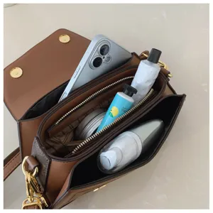 Womens fashion shoulder bag crossbody bag elegant brown contrast monogram design daily use detail
