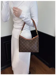 Stylish brown monogram shoulder bag for women, classic PU leather tote commuting handbag.