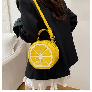 Borsa a tracolla rotonda limone giallo creativa per donna, borsa a spalla carina a forma di frutta.