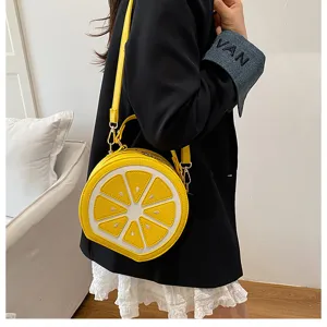 Borsa a tracolla a forma di limone da donna, borsa rotonda creativa carina con manico superiore.