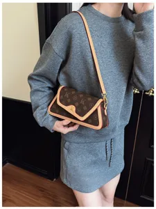 Women fashion brown monogram shoulder bag underarm handbag stylish contrast leather trim daily use