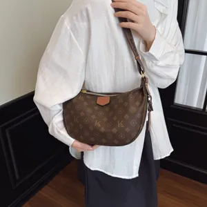 Women Fashion Crescent Crossbody Bag PU Leather Vintage Printed Dumpling Bag Casual Hobo Shoulder Bag Daily Handbag