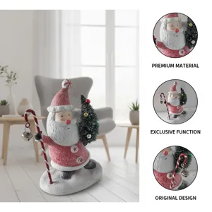 Detailed view of resin Santa Claus Christmas ornament holding cane and tree for holiday decor.