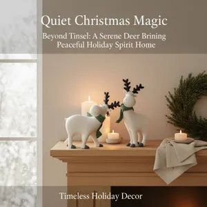 Detailed view of resin Christmas deer figurines with green scarves on mantelpiece.