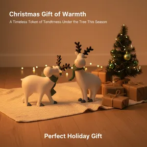 Detail view of cute Christmas reindeer resin ornaments set, cozy holiday table decor piece.