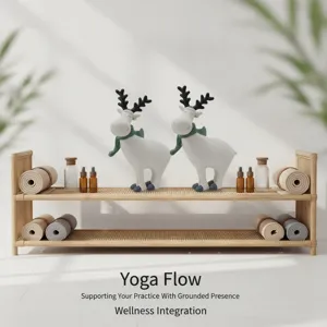 Detailed view of cute resin reindeer figurines with green scarves displayed on wooden shelf.