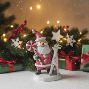 Christmas resin ornament Santa Claus holding candy cane with deer figurine for holiday decor