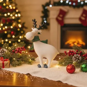 Resin Christmas reindeer figurine with green scarf, perfect detailed holiday home decoration.