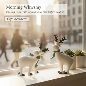 Detailed view of the cute Christmas resin reindeer figurine with green scarf on windowsill.