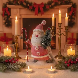 Christmas resin Santa Claus figurine with candy cane staff and tree holiday decor for home.