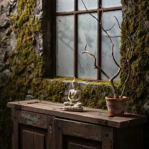 Detailed view of a mini resin Buddha statue figurine, Zen home decor for living room entryway.