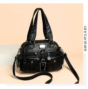 Black washed PU leather multi-pocket tote bag, stylish retro crossbody shoulder bag for women.