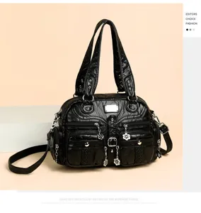 Black washed leather multi-pocket tote bag with shoulder strap for daily casual fashion use.