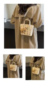 Detailed showcase featuring a chic women printed bucket bag with a trendy shoulder strap.