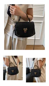 Elegant black faux leather shoulder bag with chic lock and rivet details for women.