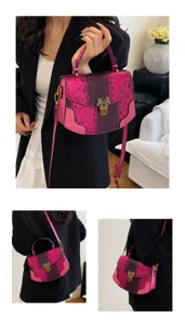 Pink snakeskin crossbody bag for women, stylish vintage metal lock shoulder handbag.