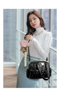 Black washed leather multi-pocket crossbody bag Y2K trendy shoulder handbag detail view