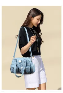 Washed distressed PU leather multi-pocket tote shoulder bag for women daily fashion.