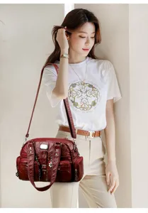 Vintage washed PU leather multi-pocket tote bag for women daily retro style crossbody bag