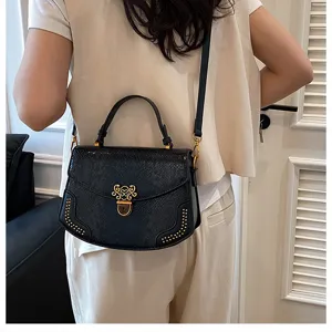 Black snakeskin pattern crossbody bag for women fashion chic shoulder handbag with gold studs