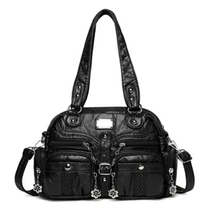Washed Distressed PU Leather Tote Bag For Women Large Capacity Multi Pocket Y2K Vintage Shoulder Crossbody Bag Handbag