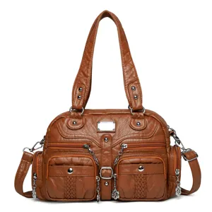 Brown washed PU leather tote bag with multi pockets and metal chains for daily commute.