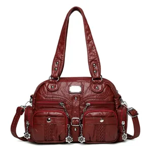 Vintage washed leather tote bag Y2K multi-pocket shoulder crossbody bag for women large capacity