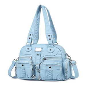 Light blue washed leather multi-pocket tote bag front view, casual shoulder crossbody bag.