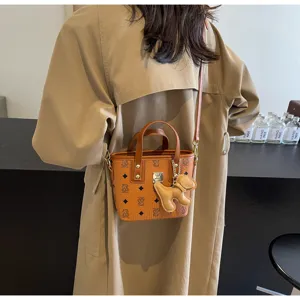 Korean style printed bucket bag, stylish brown leather shoulder and crossbody bag for women.
