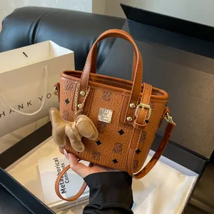 Korean Style Printed PU Leather Bucket Bag Women Fashion Casual Shoulder Crossbody Bag With Cute Puppy Pendant