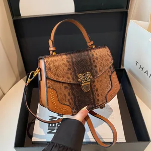 Women Snake Print PU Leather Crossbody Bag Vintage Metal Lock Shoulder Handbag Daily Casual Top Handle Bag