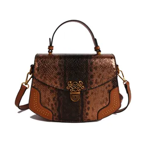 Women fashion handbag top handle shoulder crossbody bag bronze snake pattern chic retro purse