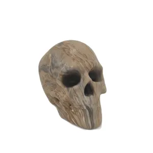 Resin skull figurine with water transfer wood grain finish, perfect for Halloween and home decor.