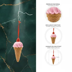 Close-up detail of the resin strawberry ice cream cone ornament, showing texture and hanging design.