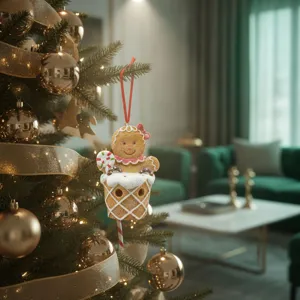Resin Christmas gingerbread man hanging ornament with lollipop and waffle cup for tree decor.