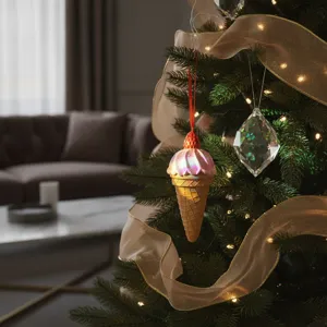Close-up of cute strawberry ice cream cone Christmas tree pendant, resin ornament for holiday decor.
