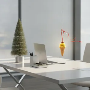 Detail view of the mango ice cream cone Christmas ornament showcased in an office desk setup.