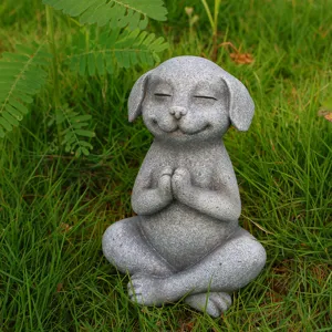 Grey stone finish yoga meditating dog statue, perfect for garden and home zen decor.