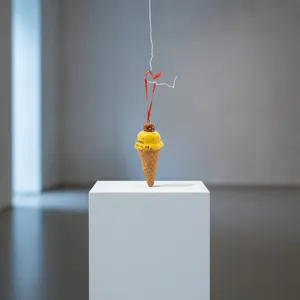 Detail view of resin mango ice cream cone Christmas tree pendant ornament sculpture decor.
